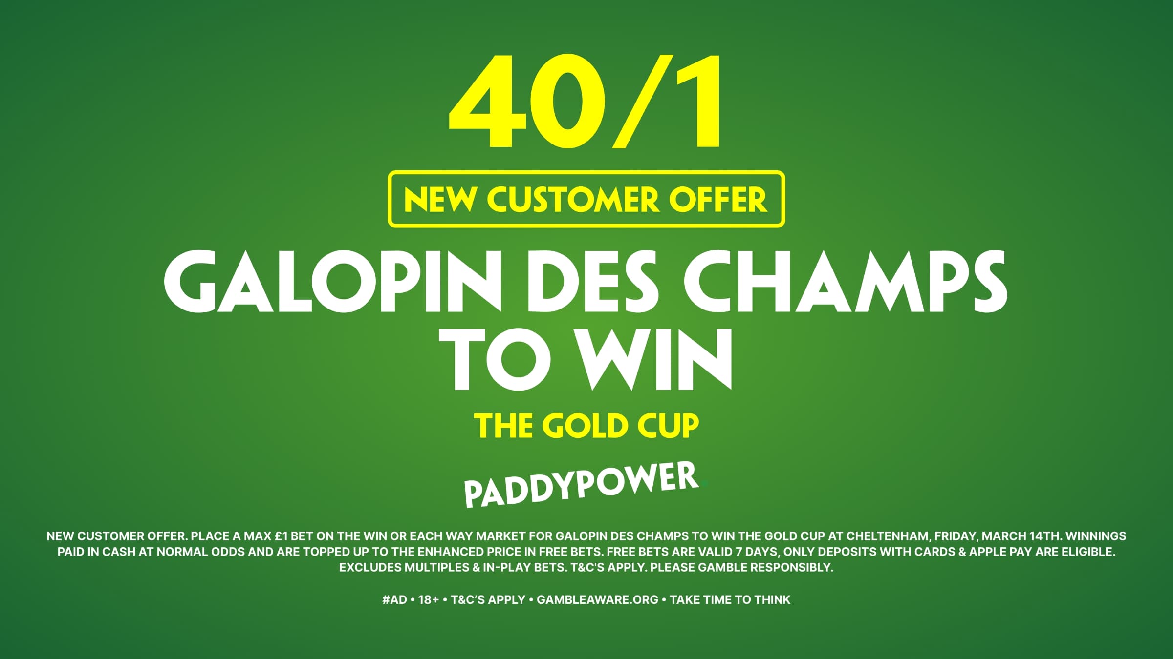 Get 40/1 Galopin Des Champs to win! Paddy Power Sign Up Offer For Cheltenham’s Gold Cup